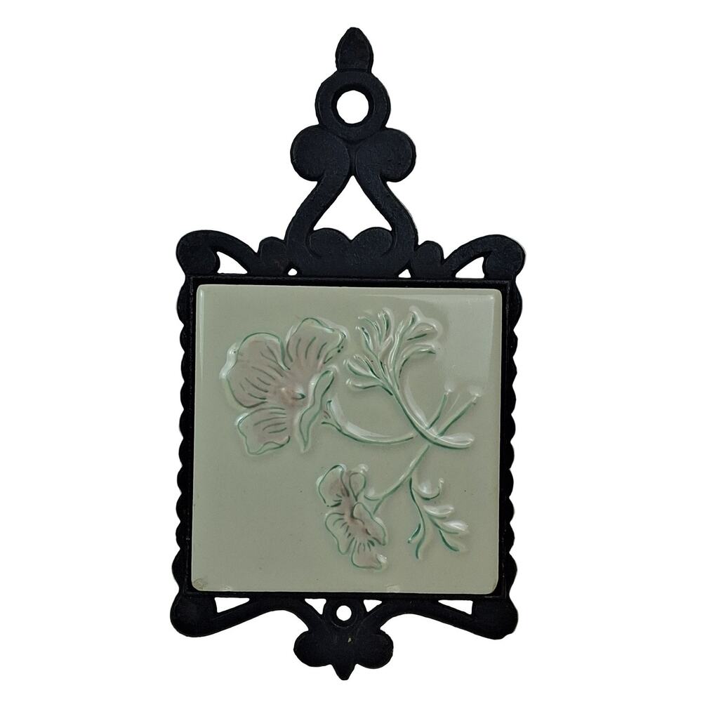 Vintage Cast Iron & Ceramic Tile Trivet 6" Square Floral Wall Hanging Black
